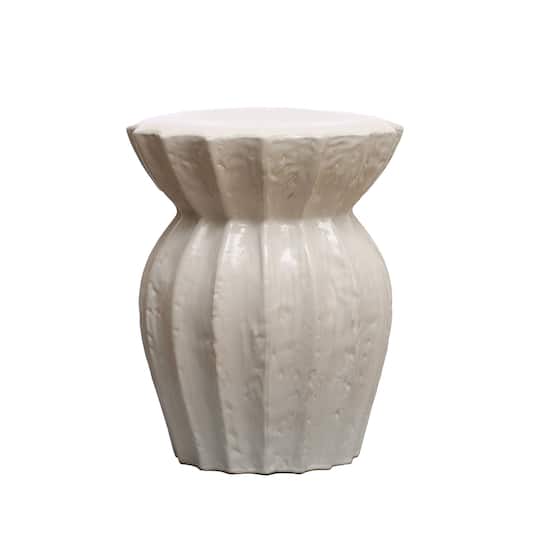20&#x22; Elegant Round Sculpted White Stoneware Stool